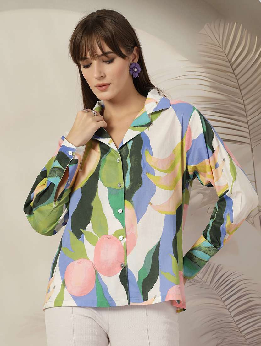 women printed collared puff sleeves shirt - 21382567 - Zoom Image - 0