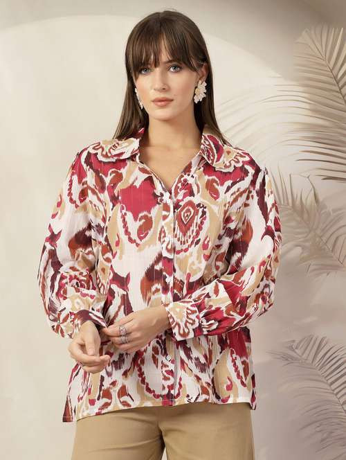 women printed collared puff sleeves relaxed fit shirt - 21382573 -  Standard Image - 0