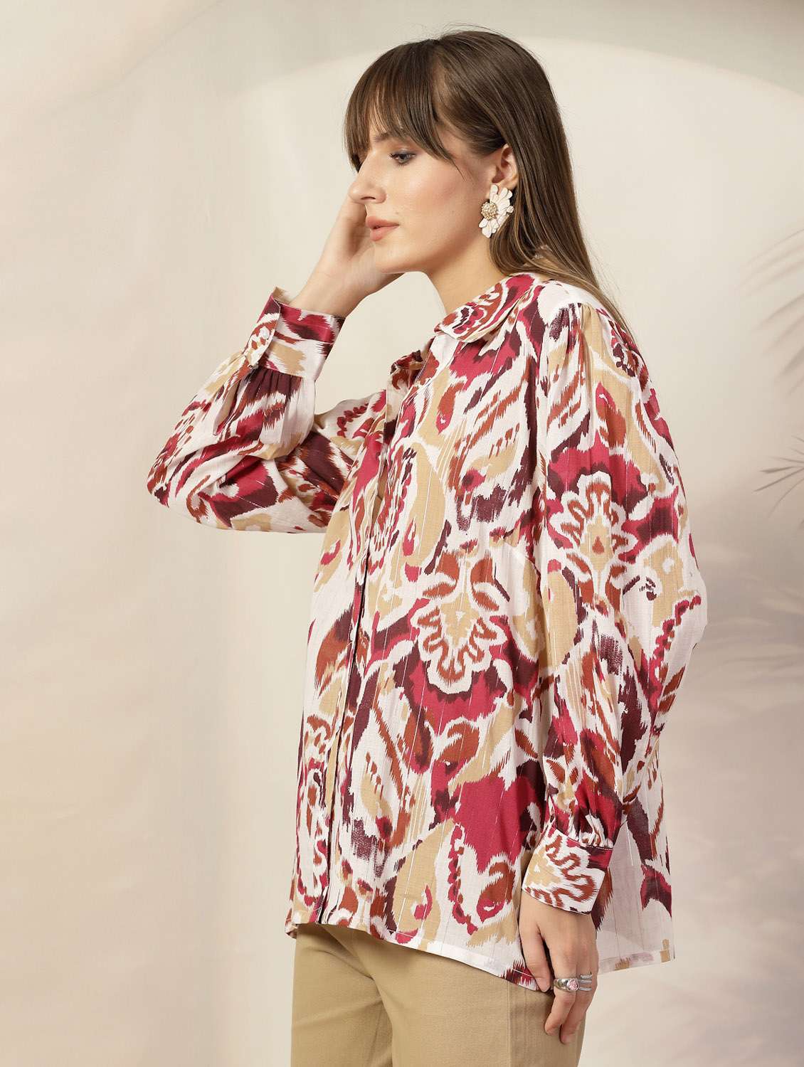 women printed collared puff sleeves relaxed fit shirt - 21382573 - Standard Image - 3