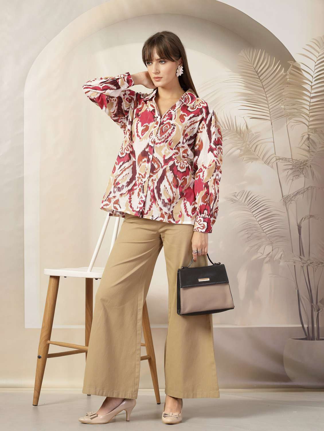 women printed collared puff sleeves relaxed fit shirt - 21382573 - Standard Image - 5