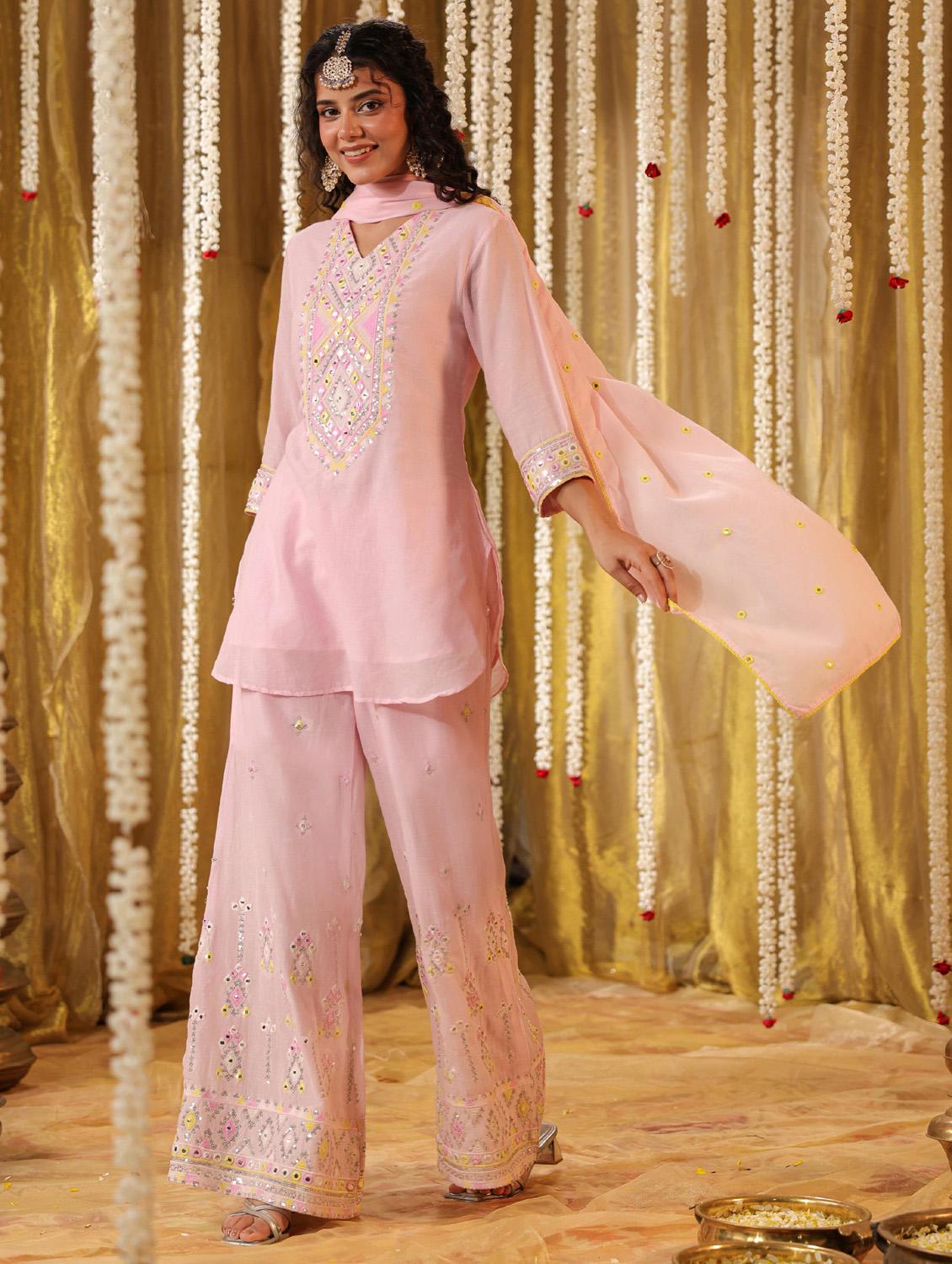 women mirror work kurta palazzo set - 21382599 - Standard Image - 3