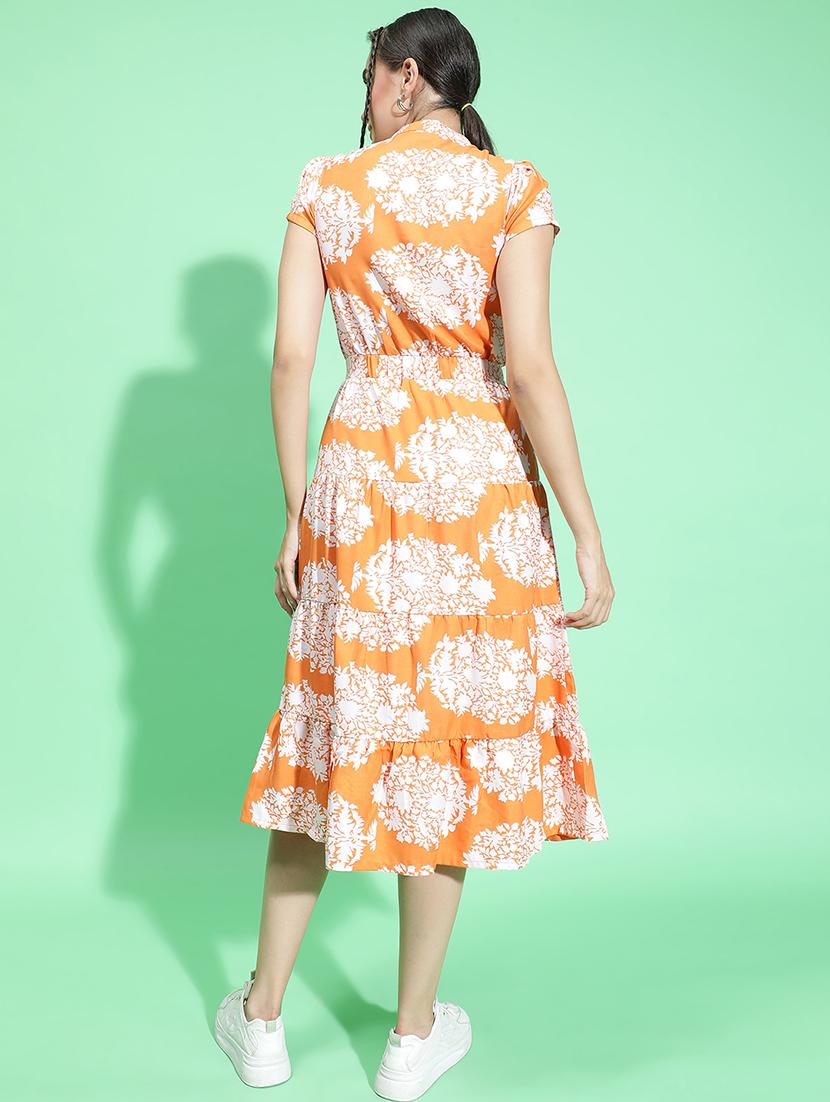 orange floral printed fit & flare dress - 21382651 - Standard Image - 3