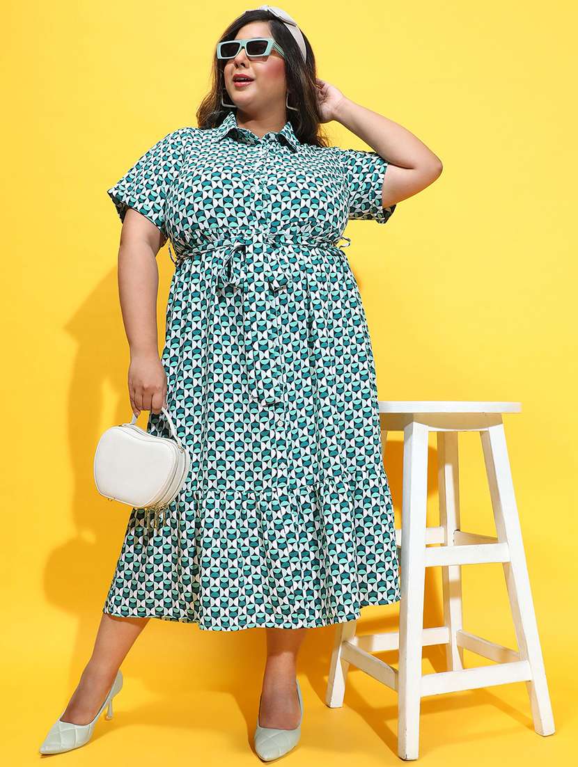 women sea green polyester fit & flare dress