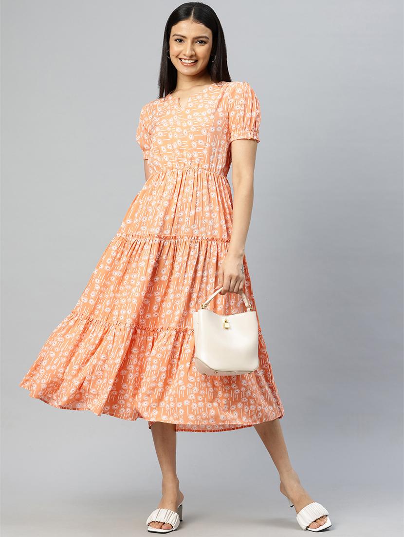 women peach crepe tiered dress