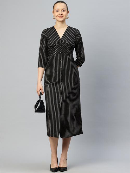 women black stripes printed a-line dress - 21382670 - Standard Image - 0