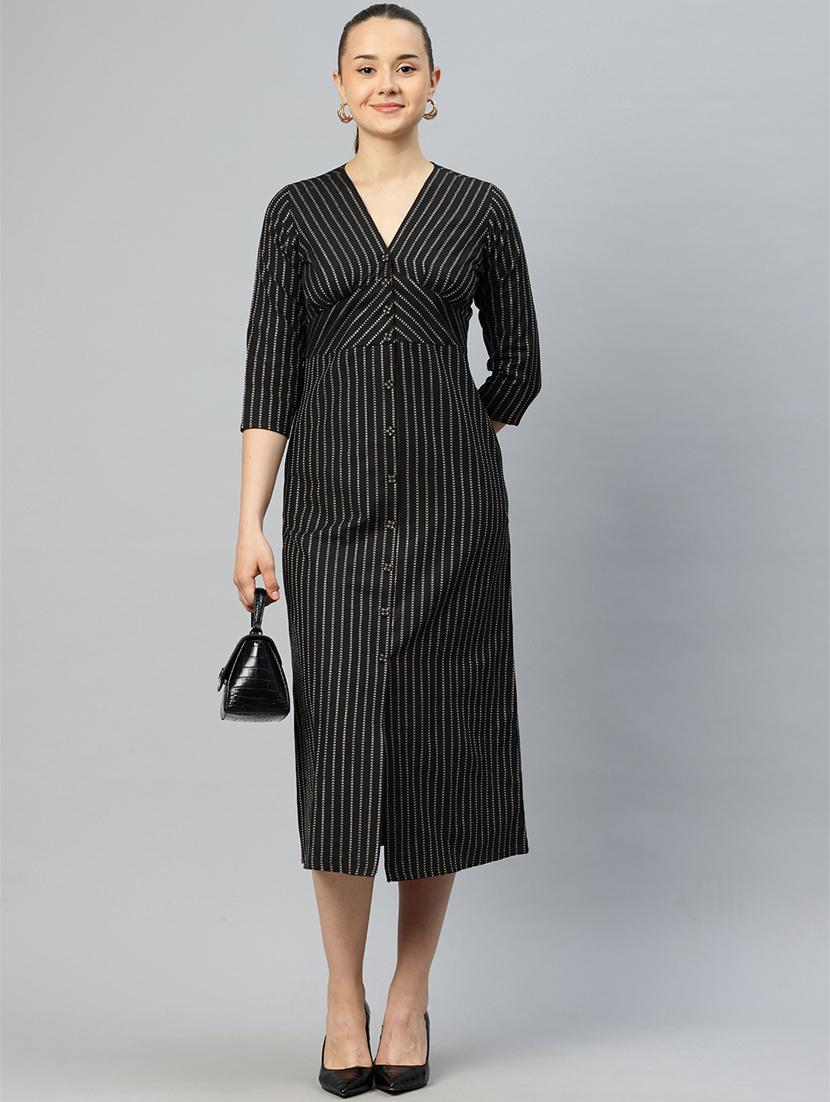 women black stripes printed a-line dress - 21382670 - Zoom Image - 0
