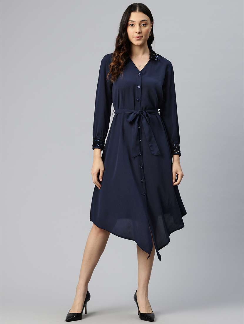 women navy blue viscose shirt dress