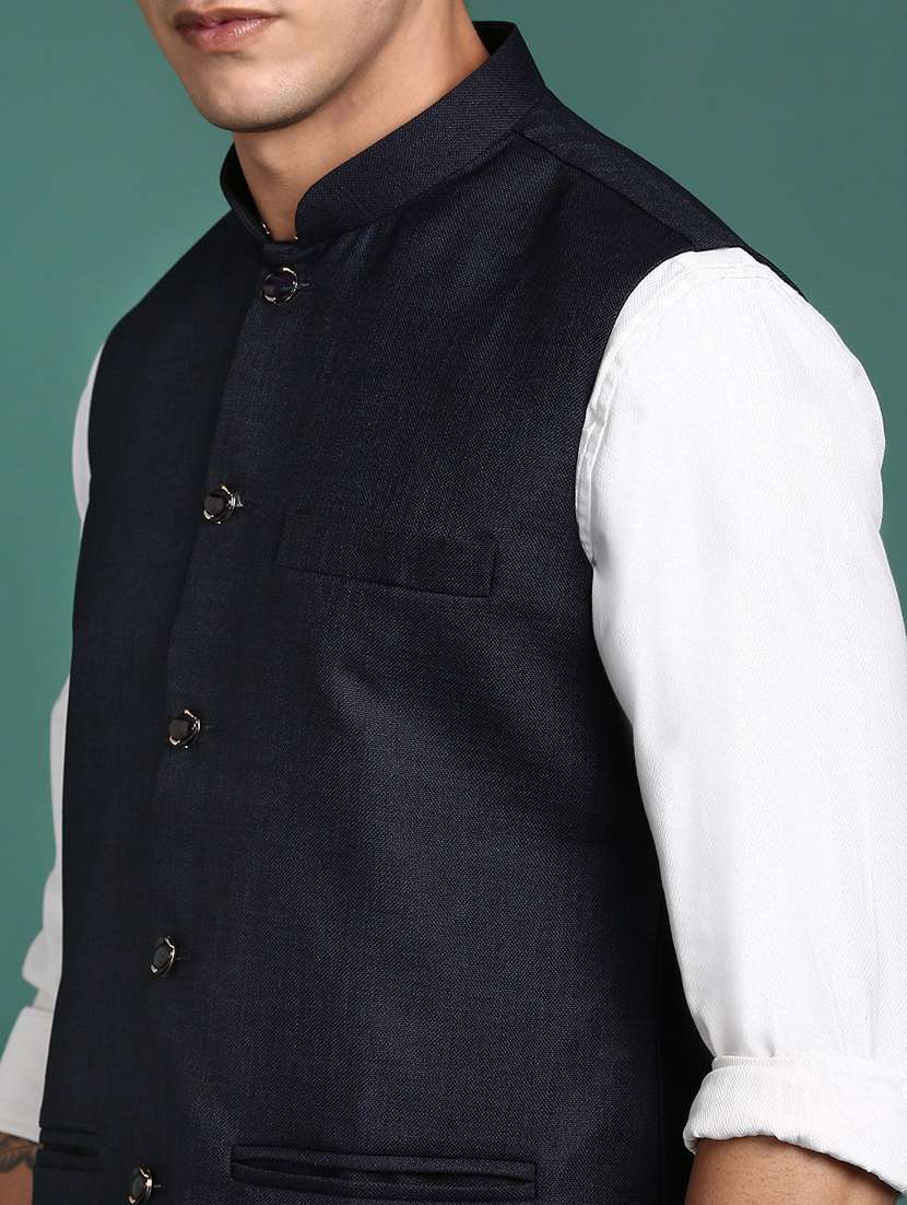 navy blue solid cotton nehru jacket - 21383270 -  Standard Image - 5