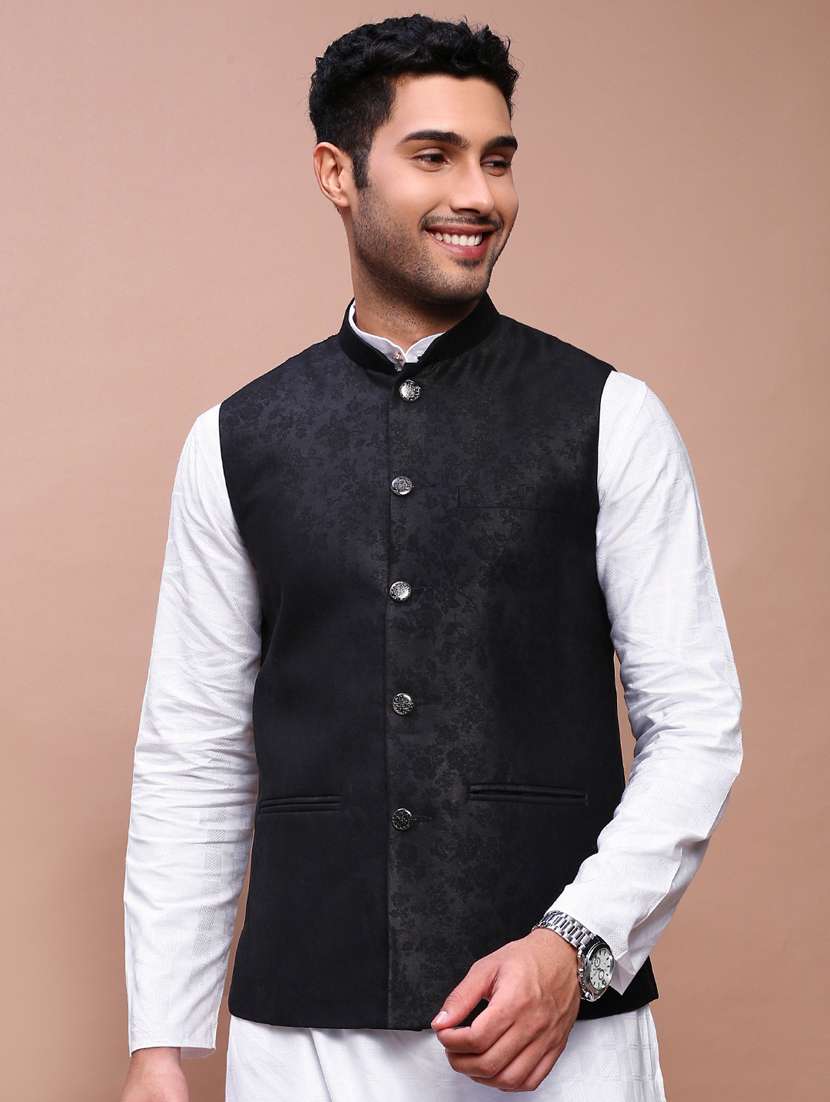 men mandarin neck self design nehru jacket