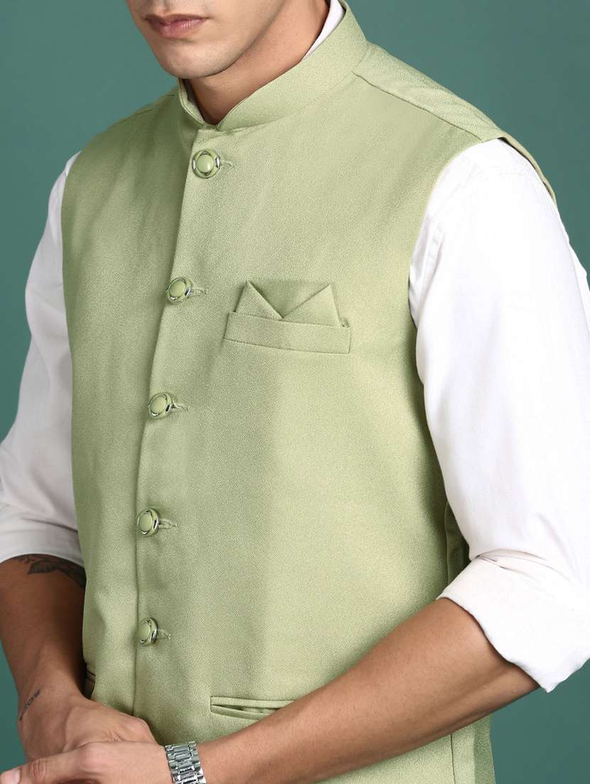 men mandarin neck solid nehru jacket - 21383278 -  Standard Image - 5