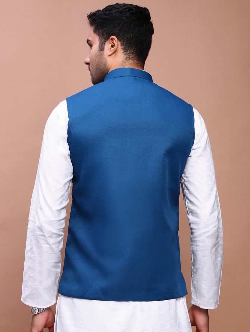 turquoise solid cotton nehru jacket - 21383280 - Standard Image - 3