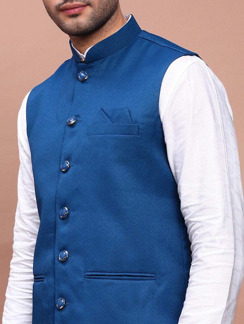 turquoise solid cotton nehru jacket - 21383280 - Standard Image - 5