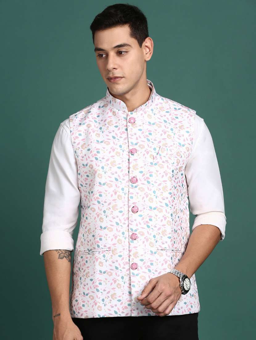 off white printed cotton nehru jacket - 21383282 - Zoom Image - 0