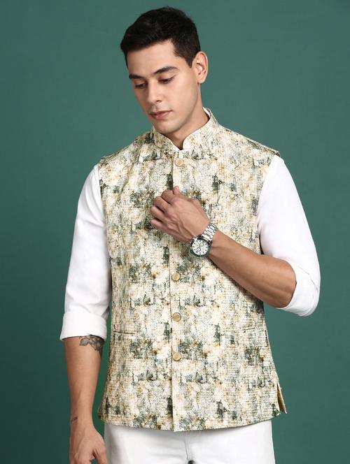 cream cotton blend nehru jacket - 21383290 -  Standard Image - 0