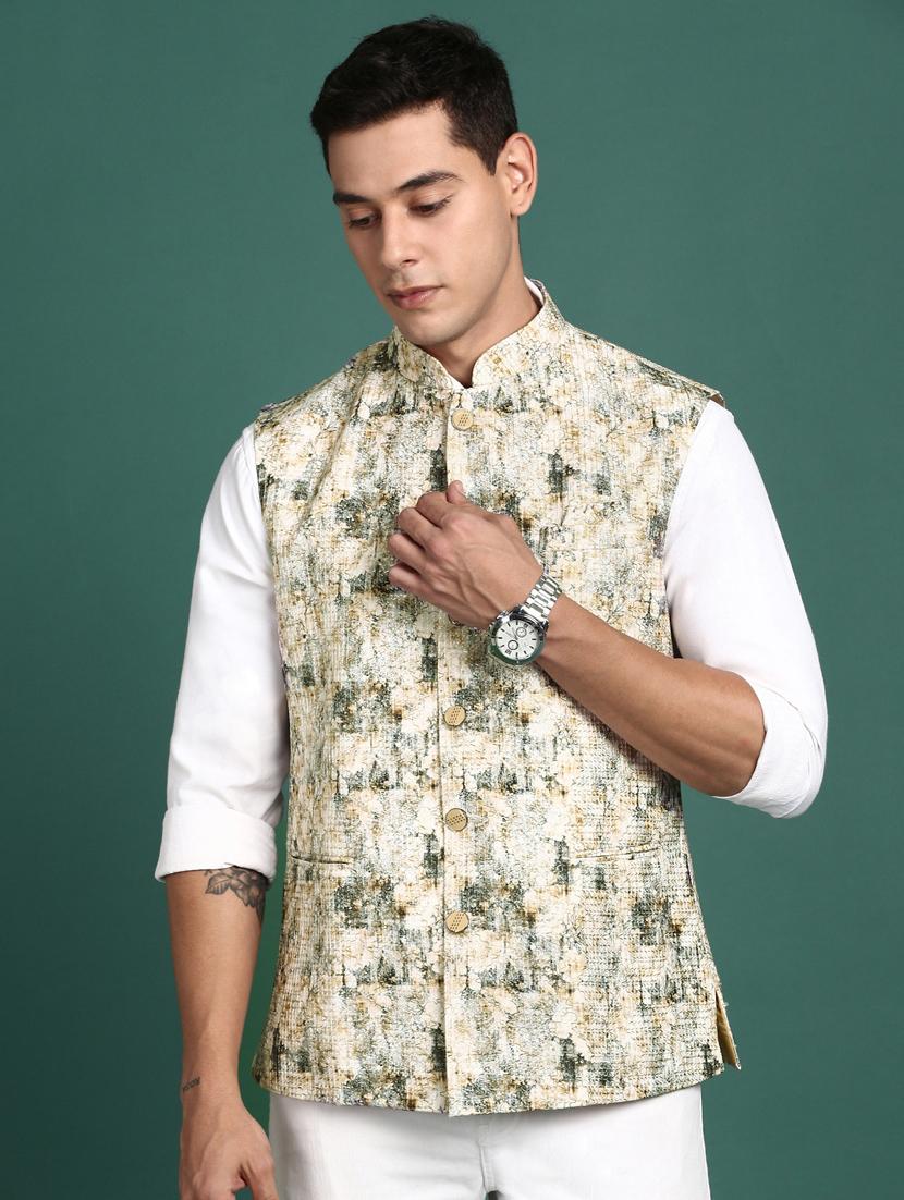 cream cotton blend nehru jacket - 21383290 -  Zoom Image - 0