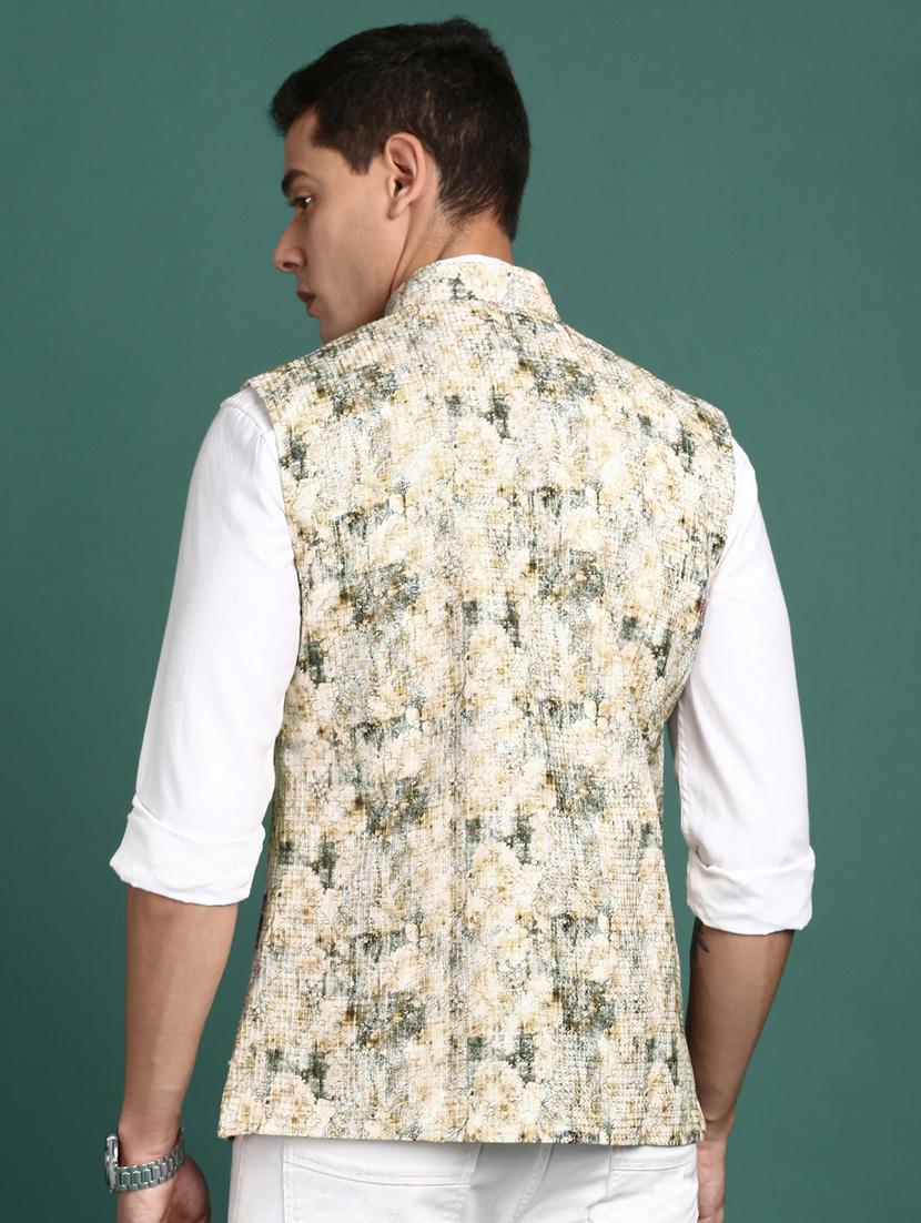 cream cotton blend nehru jacket - 21383290 - Standard Image - 3