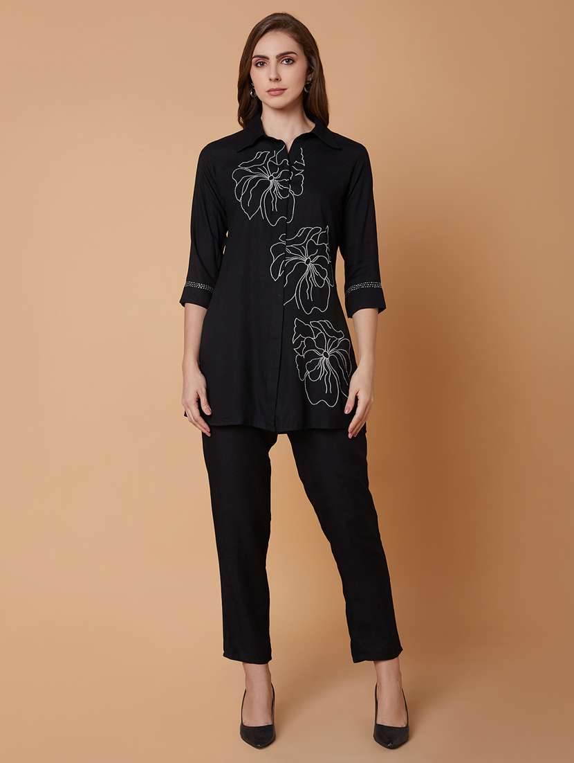 black cotton blend top and trouser set coord