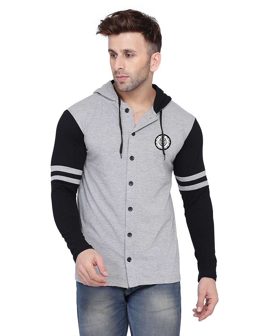 men color block hood neck casul shirt