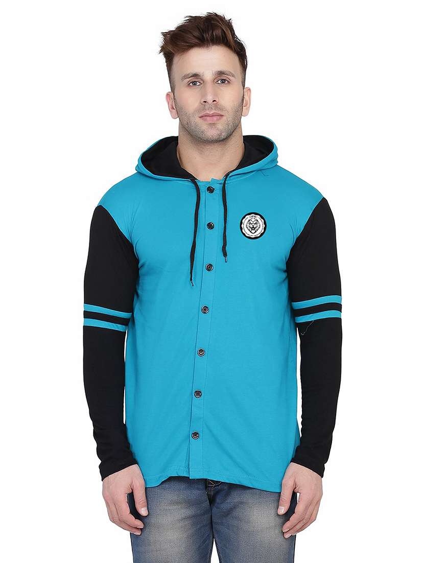 men color block hood neck casul shirt