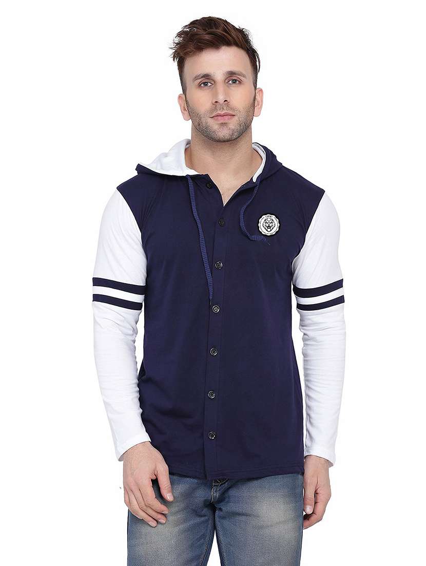men color block hood neck casul shirt