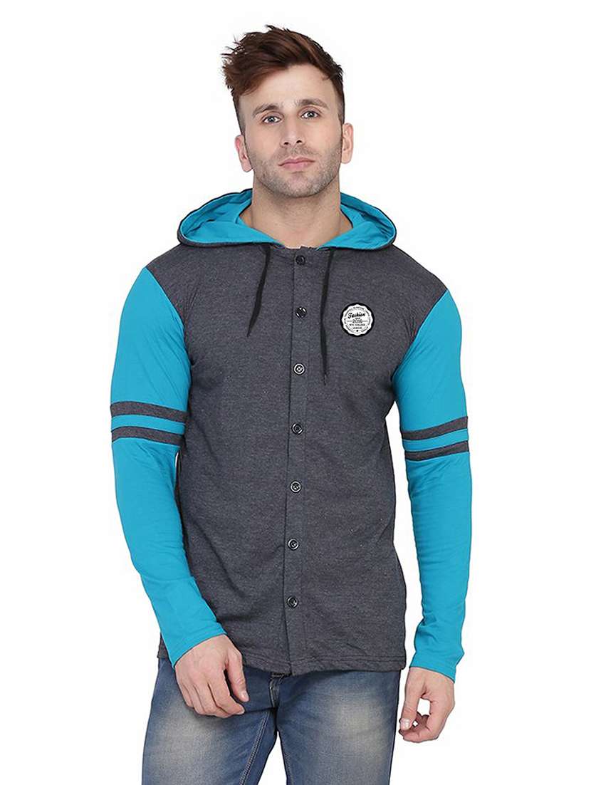 men color block hood neck casul shirt