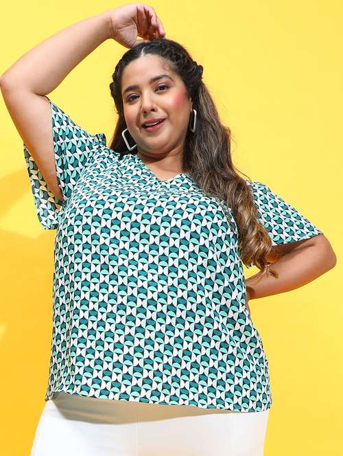 women green geometric printed plus size top - 21385009 -  Standard Image - 0