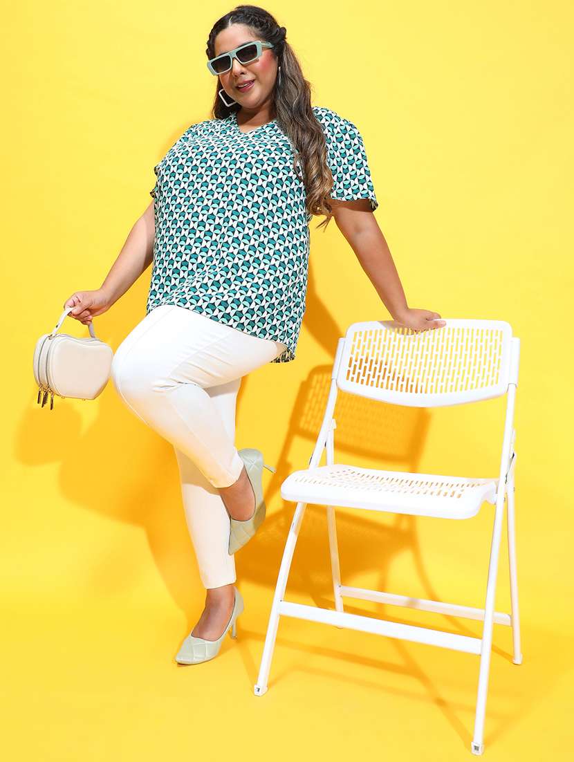 women green geometric printed plus size top - 21385009 -  Standard Image - 3