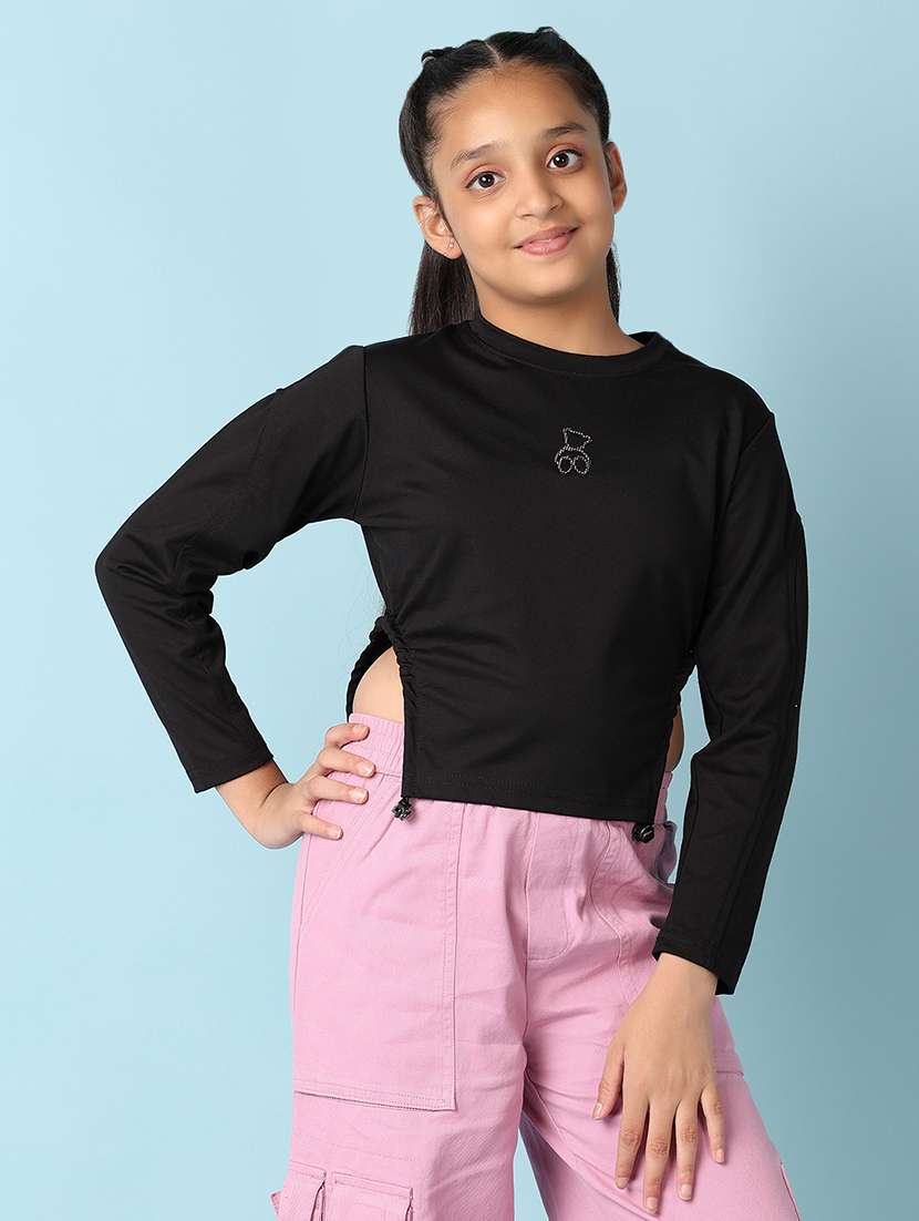 girls chest printed side cut detailed long sleeves tee