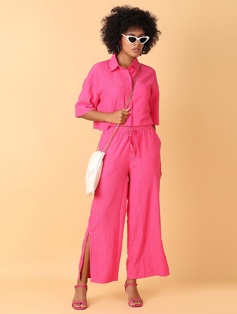 women pink solid short sleeve crop shirt - 21385474 - Standard Image - 3