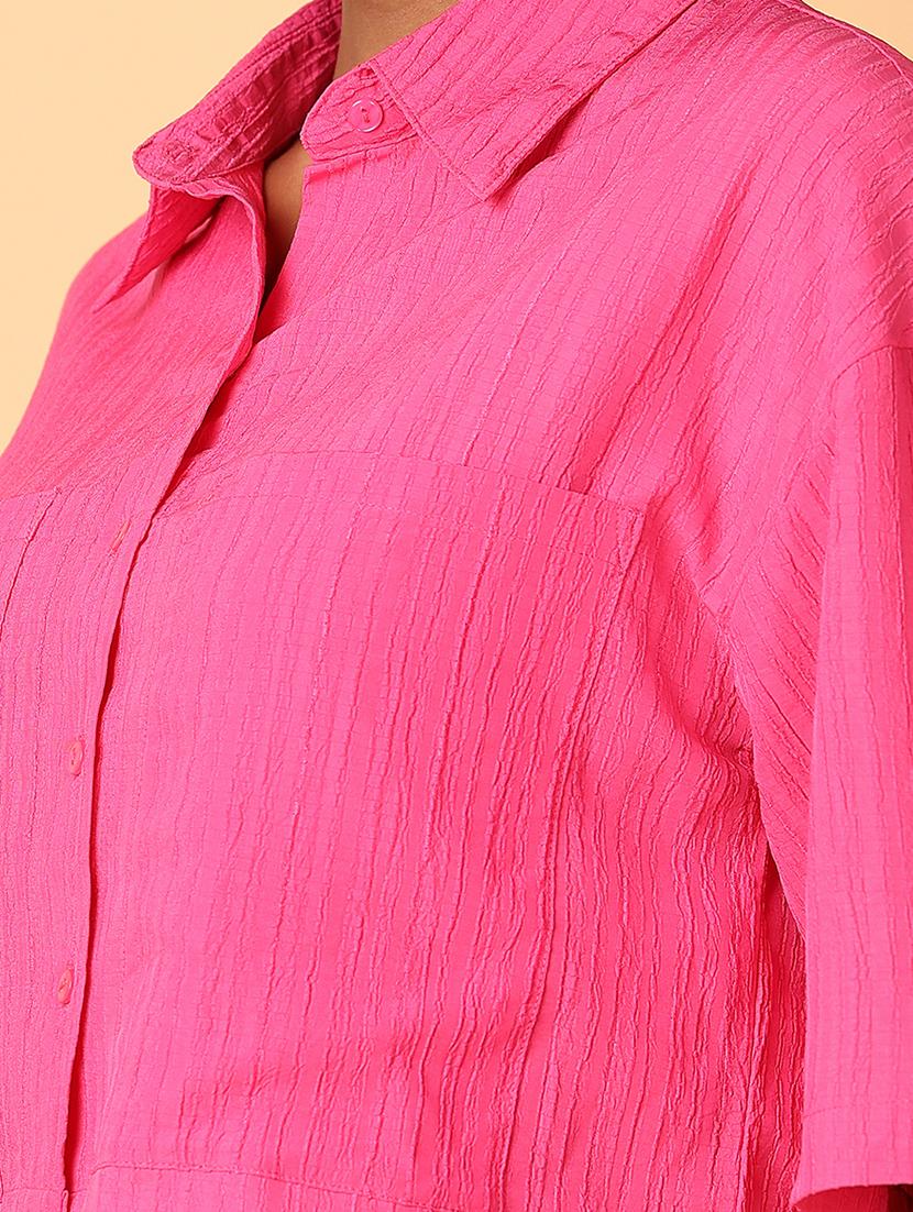 women pink solid short sleeve crop shirt - 21385474 - Standard Image - 5
