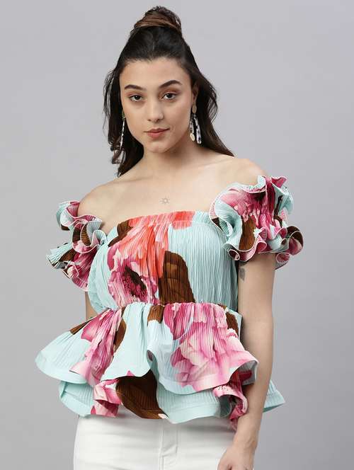 turquoise floral printed peplum top - 21387393 -  Standard Image - 0