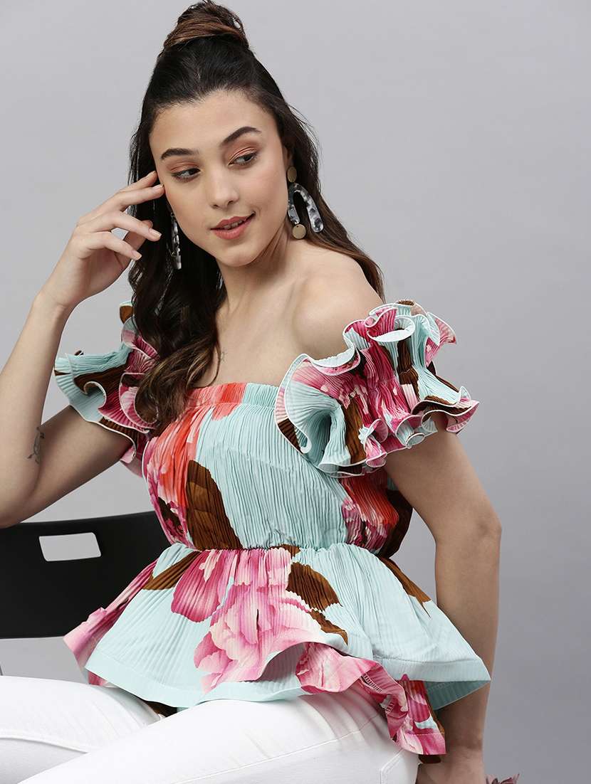 turquoise floral printed peplum top - 21387393 -  Standard Image - 3