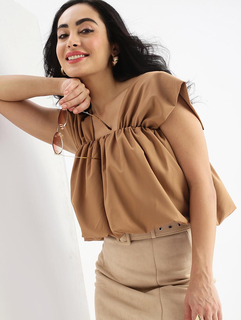 brown solid blouson top - 21387437 - Standard Image - 3