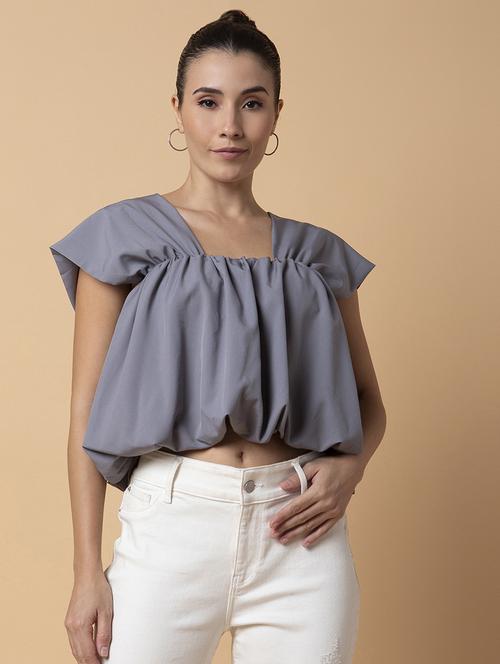 grey crepe blouson top - 21387438 -  Standard Image - 0