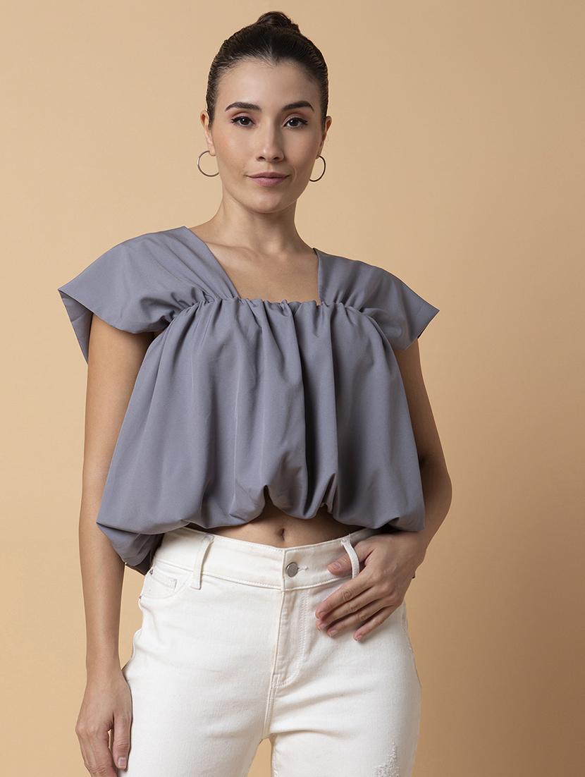 grey crepe blouson top - 21387438 -  Zoom Image - 0