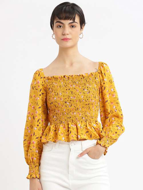 mustard floral printed peplum top - 21387489 -  Standard Image - 0