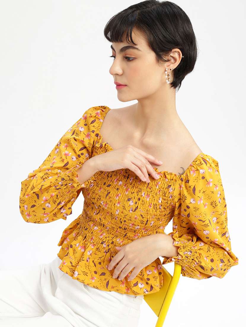 mustard floral printed peplum top - 21387489 -  Standard Image - 3