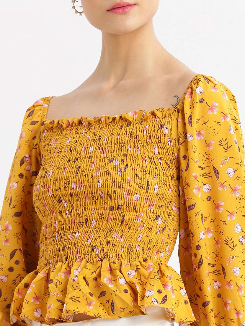 mustard floral printed peplum top - 21387489 -  Standard Image - 5
