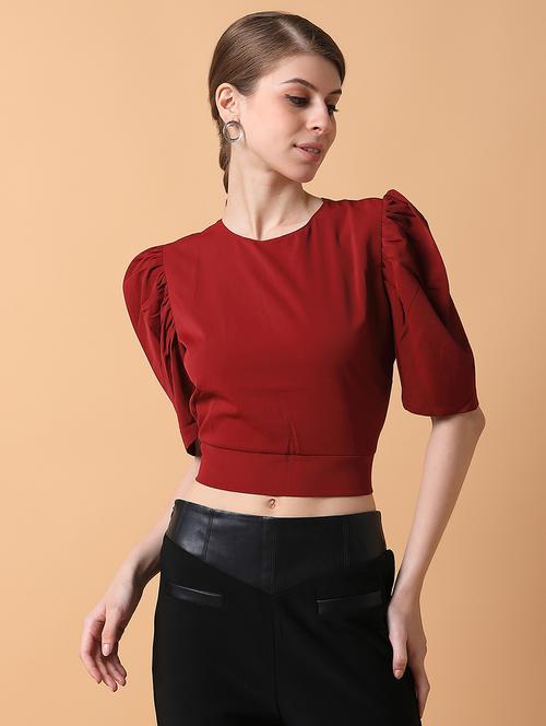 maroon solid crop top - 21387511 -  Standard Image - 0