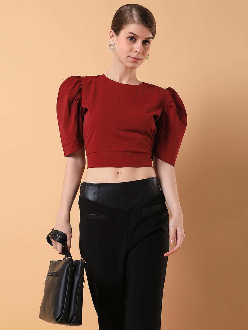 maroon solid crop top - 21387511 - Standard Image - 3