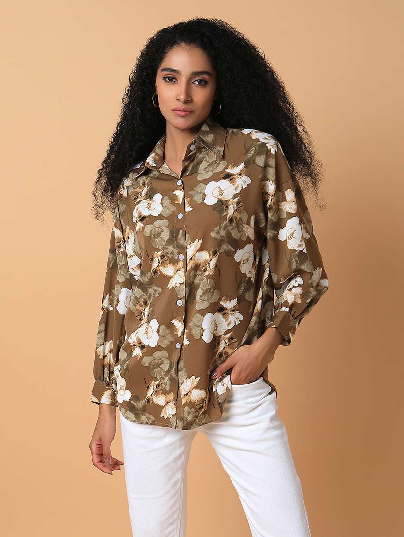 olive floral printed oversized shirt - 21387579 - Zoom Image - 0