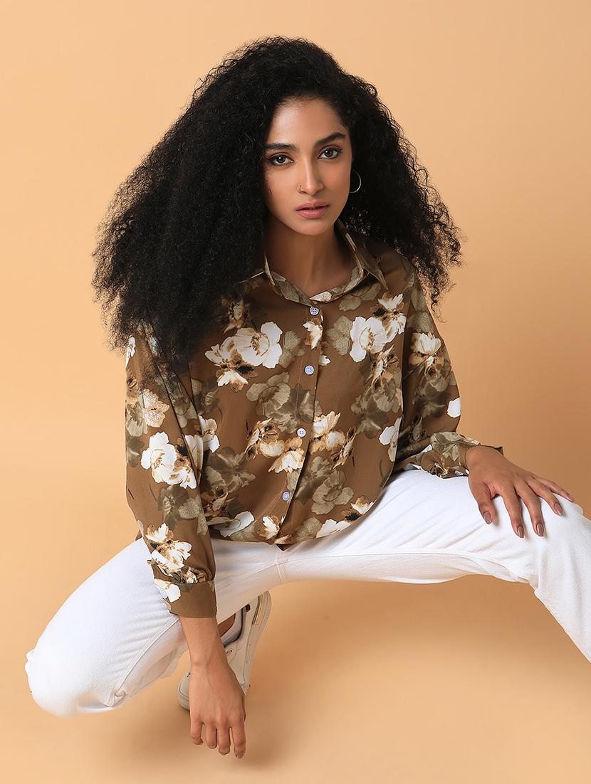 olive floral printed oversized shirt - 21387579 - Standard Image - 3