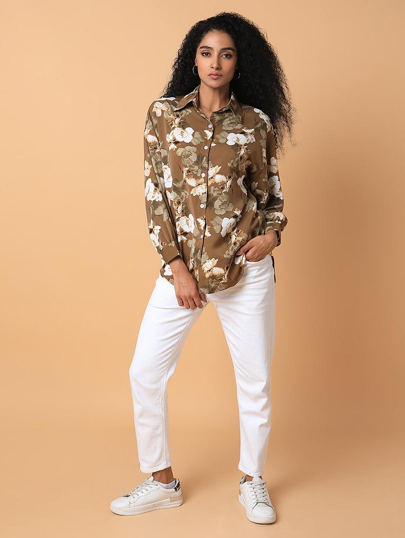 olive floral printed oversized shirt - 21387579 - Standard Image - 5