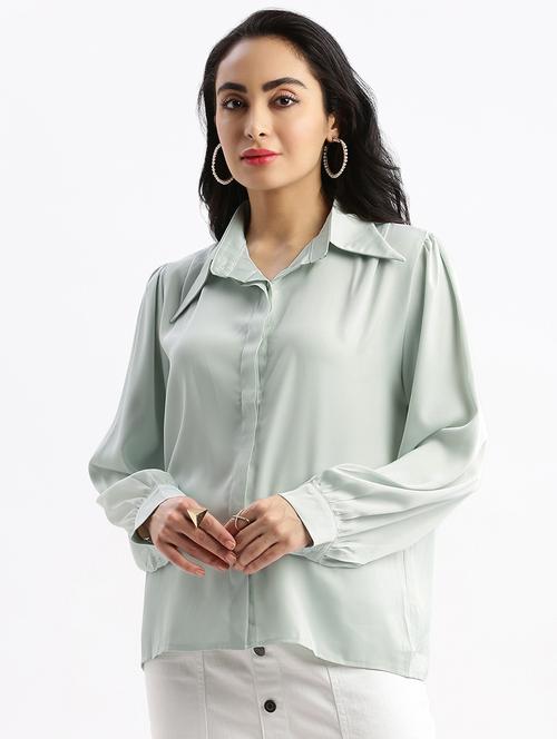 sea green solid satin boxy shirt - 21387613 - Standard Image - 0