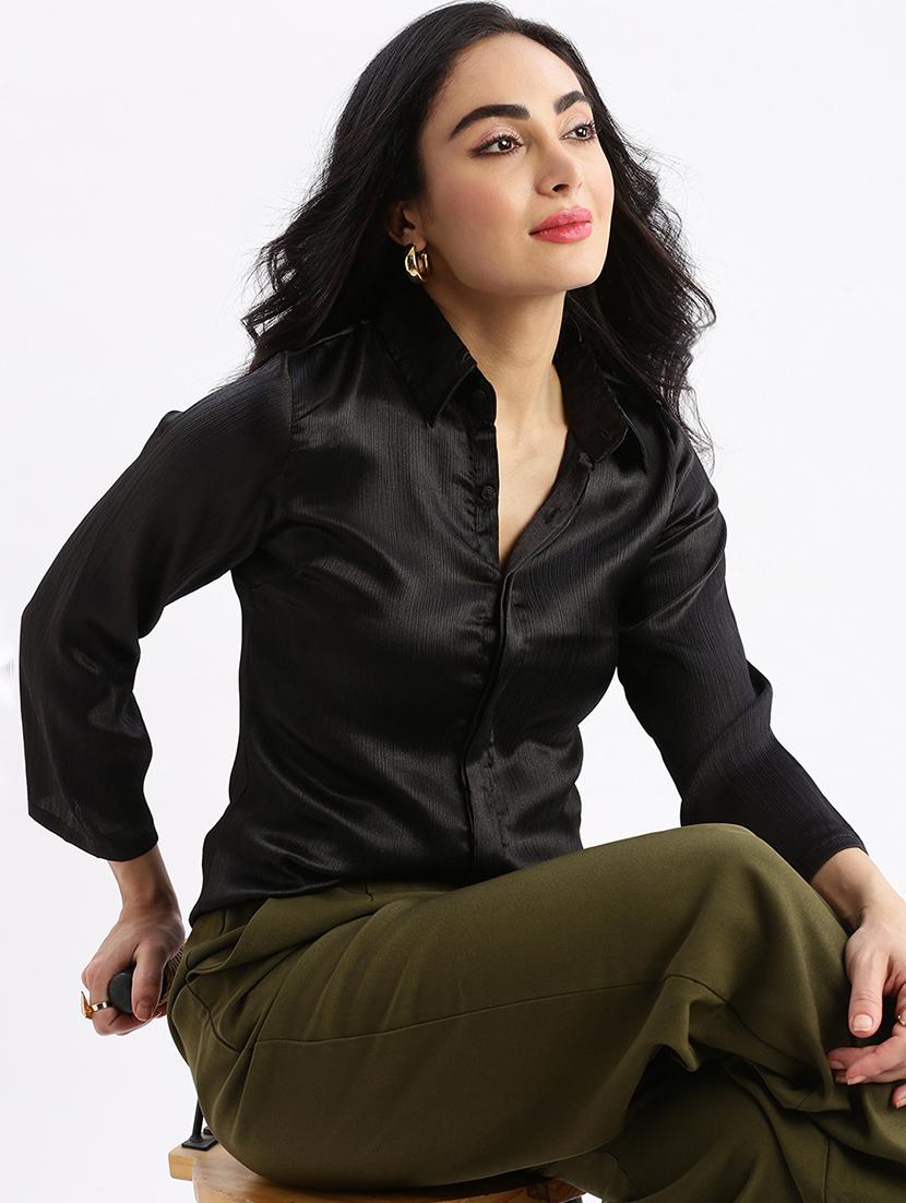women black satin regular shirt - 21387628 - Standard Image - 3
