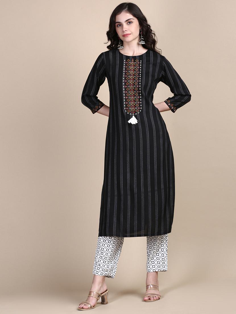 women stripes round neck kurta pant set - 21387684 - Zoom Image - 0