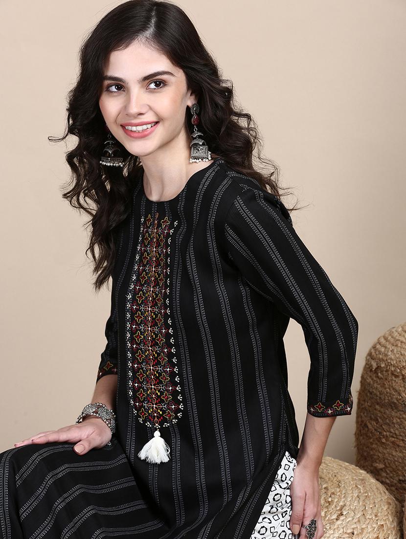 women stripes round neck kurta pant set - 21387684 - Standard Image - 3