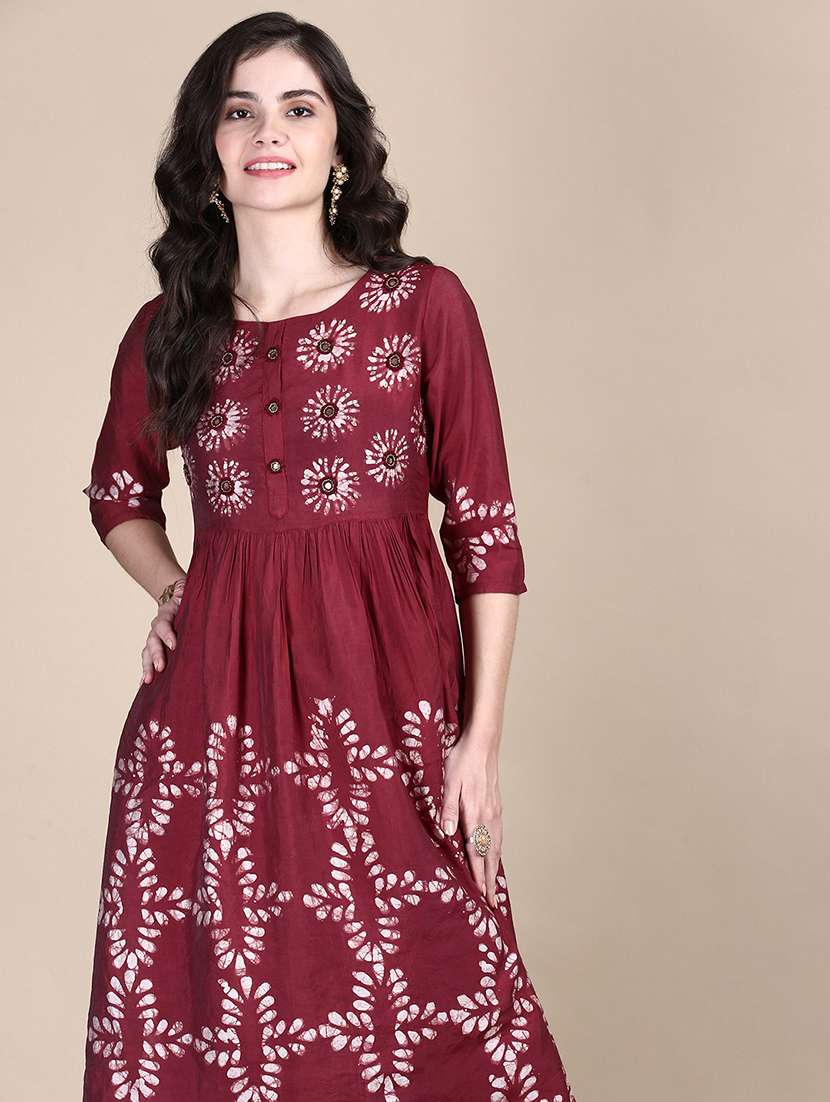 women maroon batik round neck kurta pant set - 21387702 -  Standard Image - 3