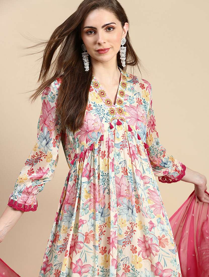 women cream floral kurta pant set with dupatta - 21387704 -  Standard Image - 3