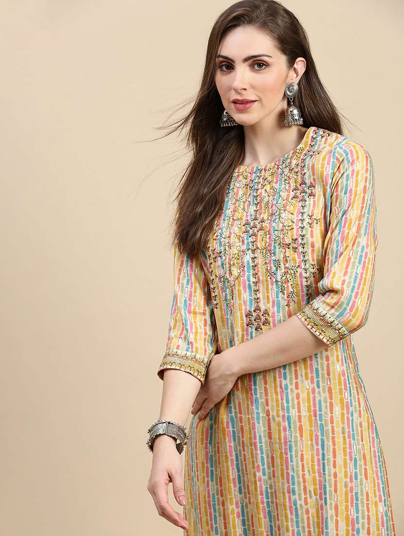 women multi color round neck kurta pant set - 21387707 -  Standard Image - 3